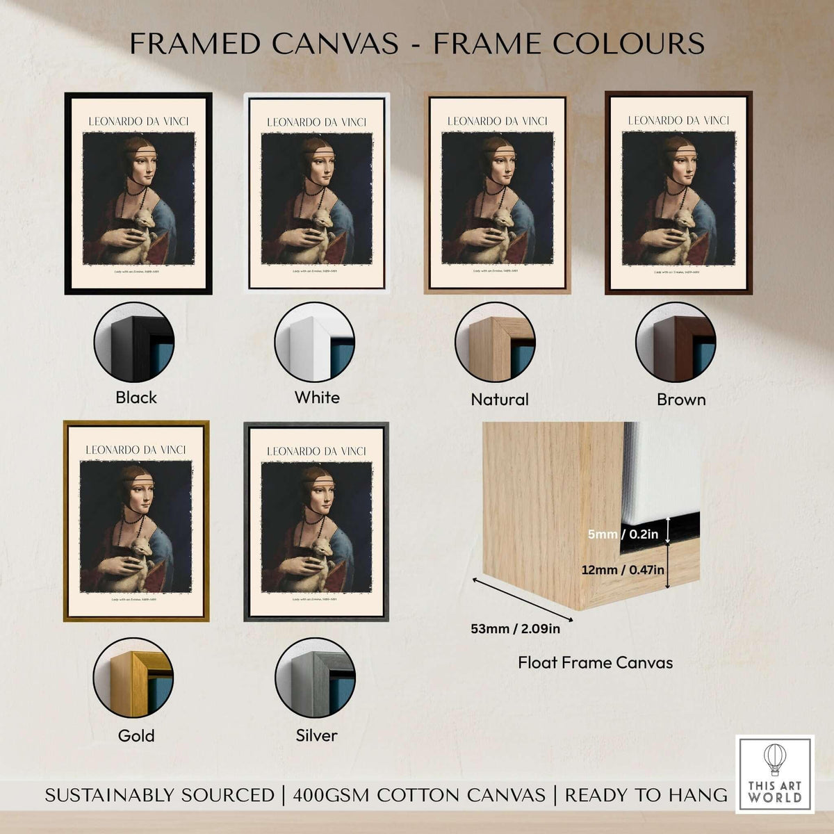 Framed canvas options for Leonardo da Vinci Art Print - Lady with an Ermine 1490 Cecilia Gallerani Portrait Art Print.