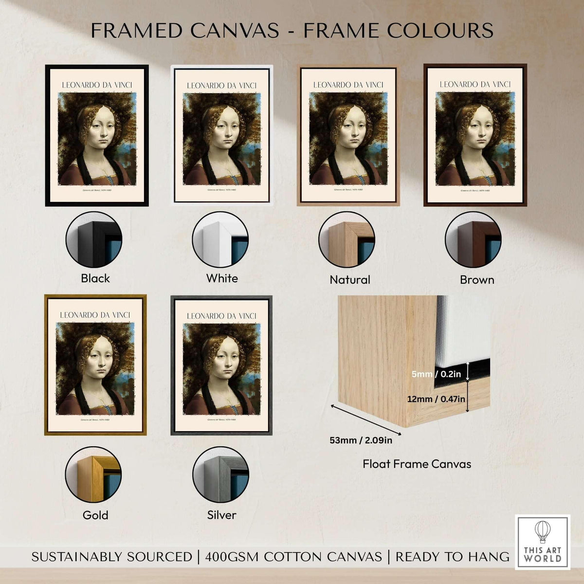 Framed canvas options for Leonardo da Vinci Art Print - Ginevra de Benci c1474 Early Renaissance Portrait Art Print.