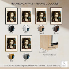 Framed canvas options for Leonardo da Vinci Art Print - Ginevra de Benci c1474 Early Renaissance Portrait Art Print.