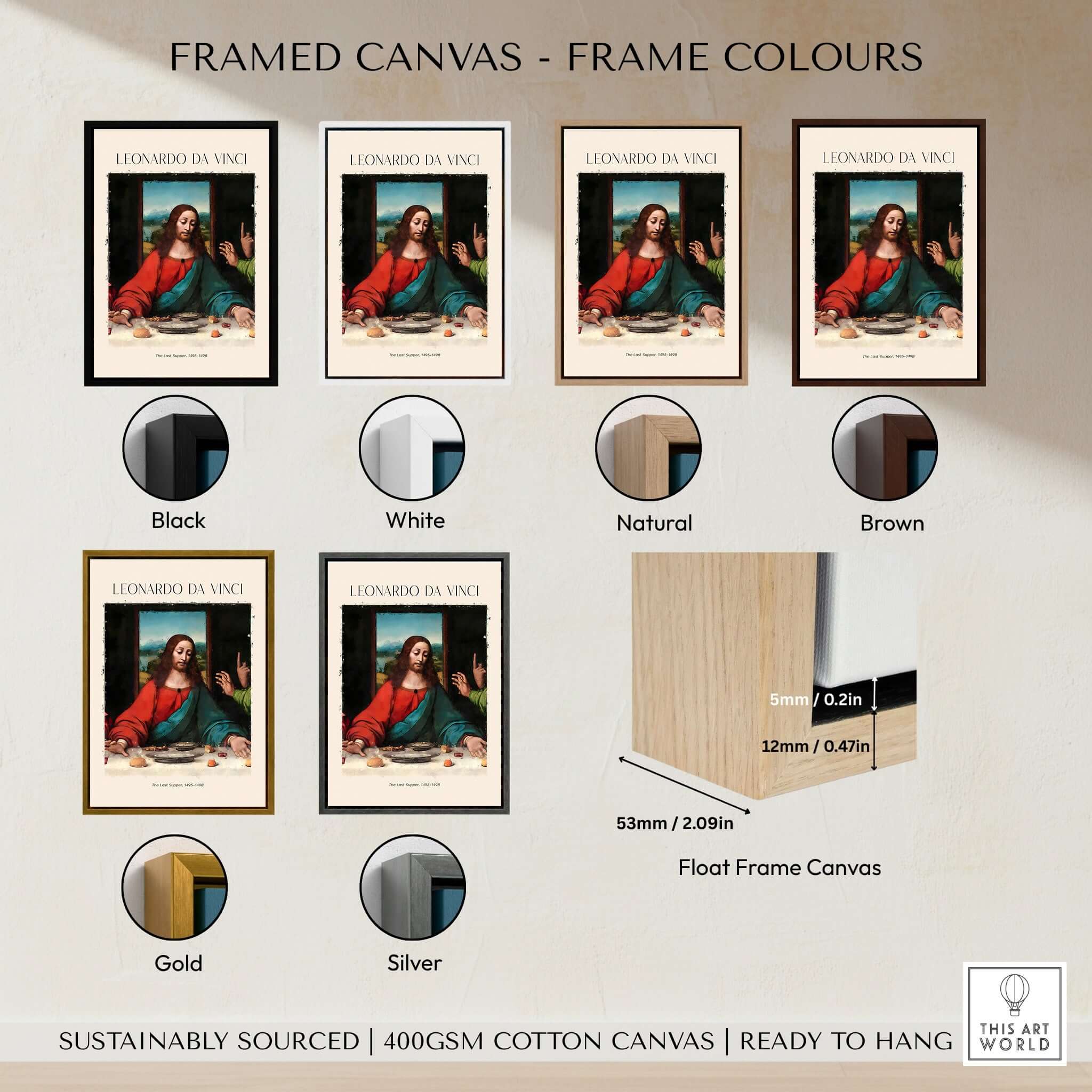 Framed canvas options for Leonardo da Vinci Art Print - The Last Supper Detail Christ 1498 Renaissance Mural Art Print.