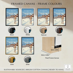 Les Menuires France travel poster on canvas, shown in six frame color options: black, white, natural, brown, gold, silver.