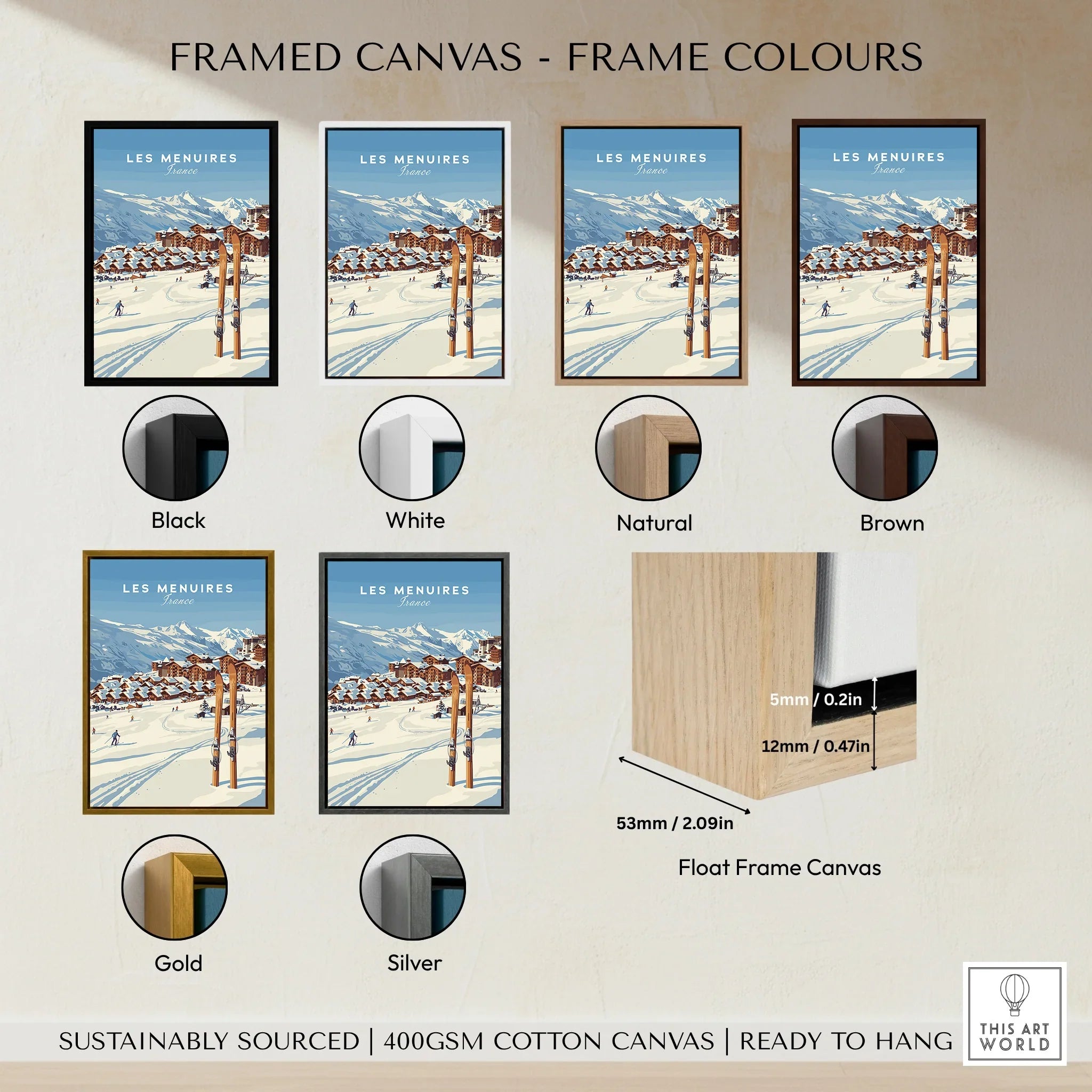 Les Menuires France travel poster on canvas, shown in six frame color options: black, white, natural, brown, gold, silver.