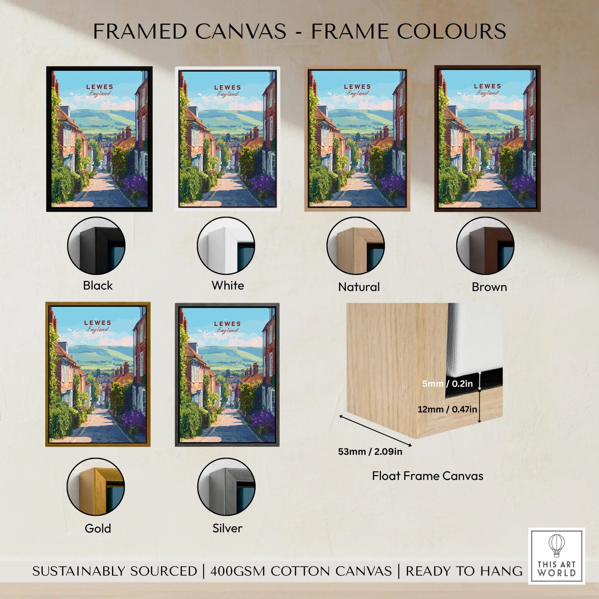 Lewes England framed canvas wall art with six frame color options and float frame detail.