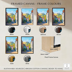 Lewes travel poster framed canvas wall art with six frame color options and close-up float frame detail.