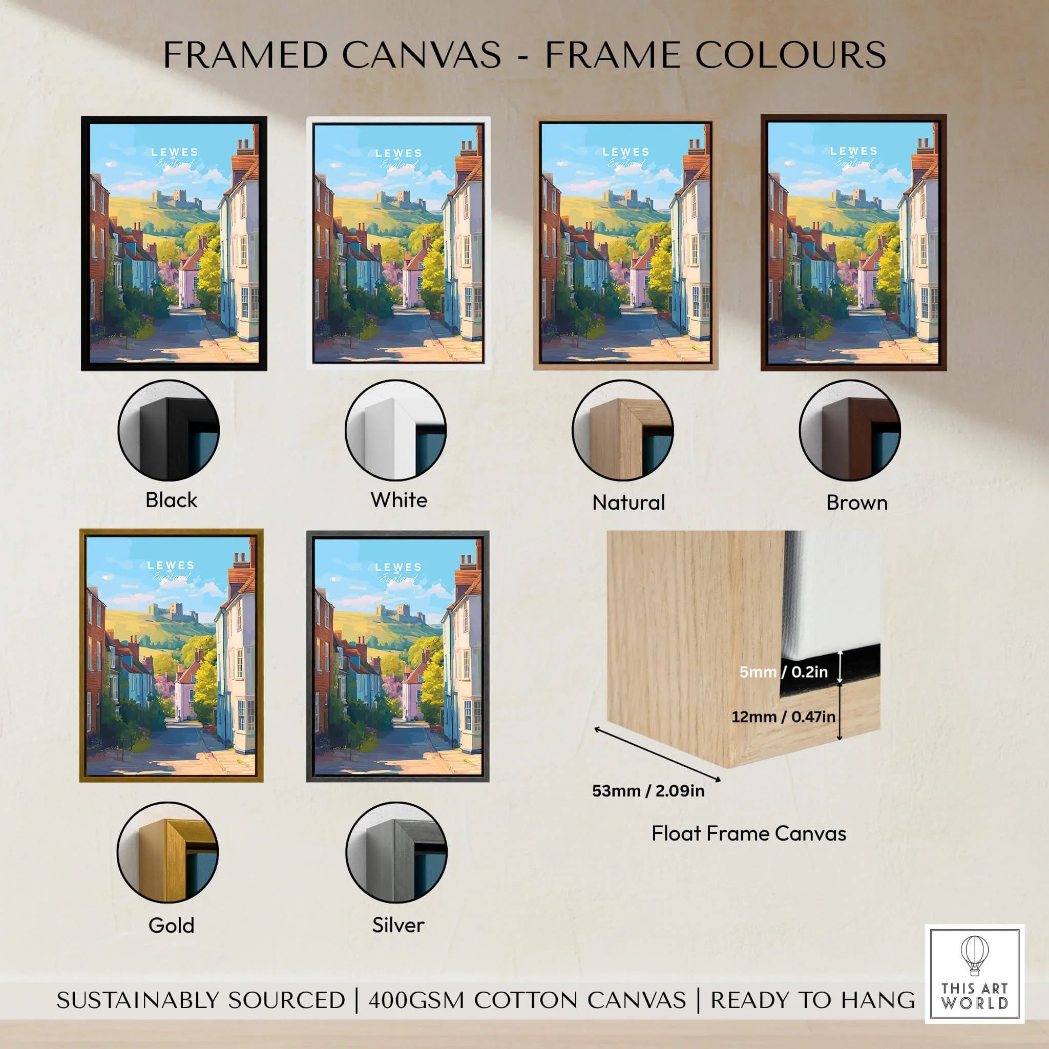 Lewes travel poster framed canvas wall art with six frame color options and close-up float frame detail.