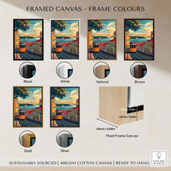 Framed canvas options for Lisbon Travel Print in various colors including black, white, natural, brown, gold, and silver.