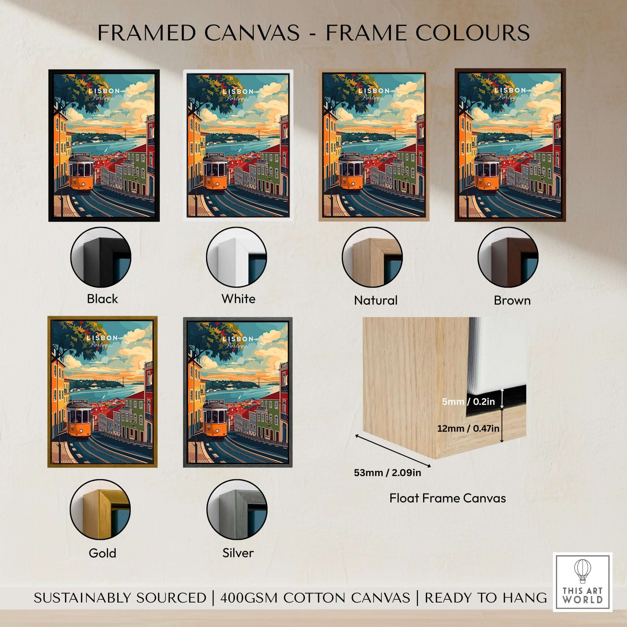 Framed canvas options for Lisbon Travel Print in various colors including black, white, natural, brown, gold, and silver.