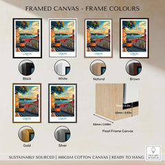 Framed canvas options for Lisbon Print - Portugal featuring various frame colors and dimensions.