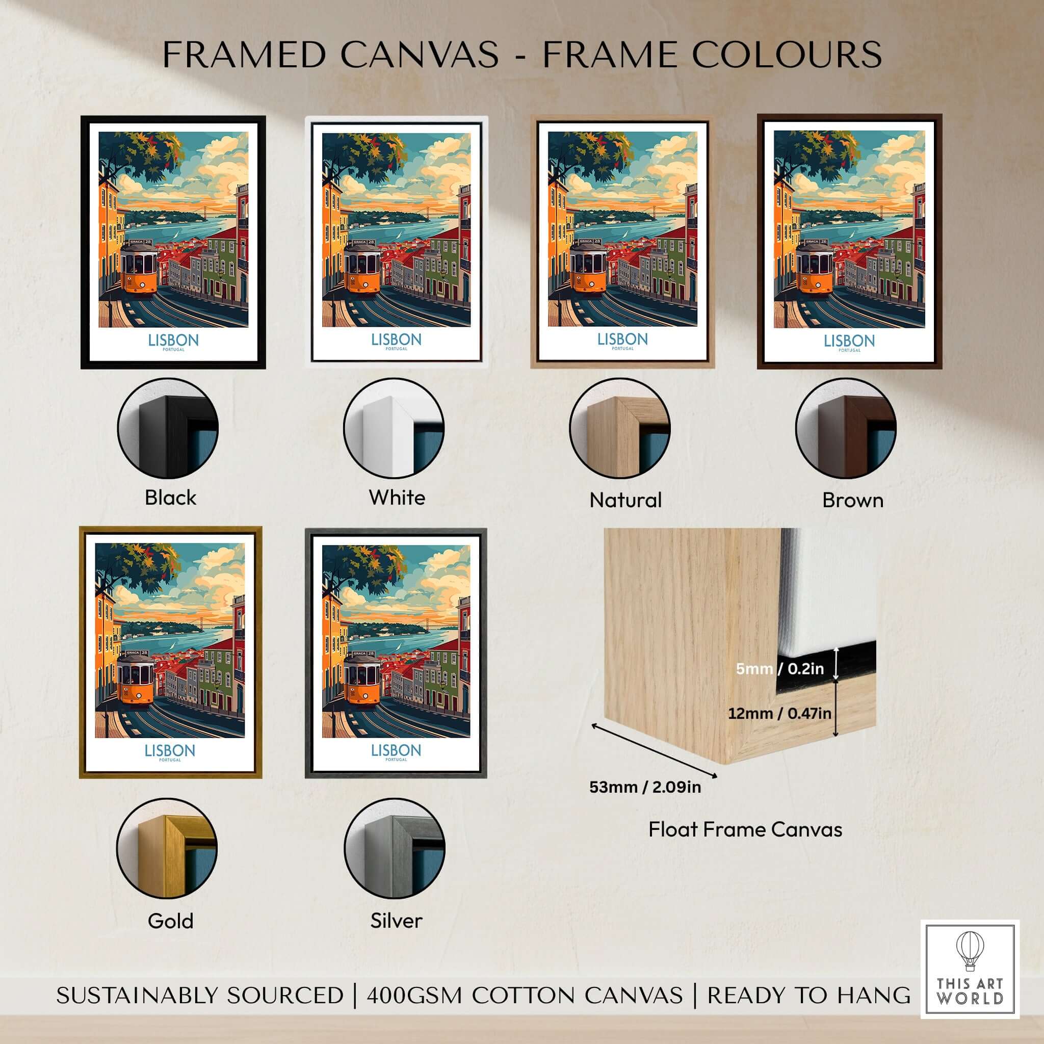 Framed canvas options for Lisbon Print - Portugal featuring various frame colors and dimensions.