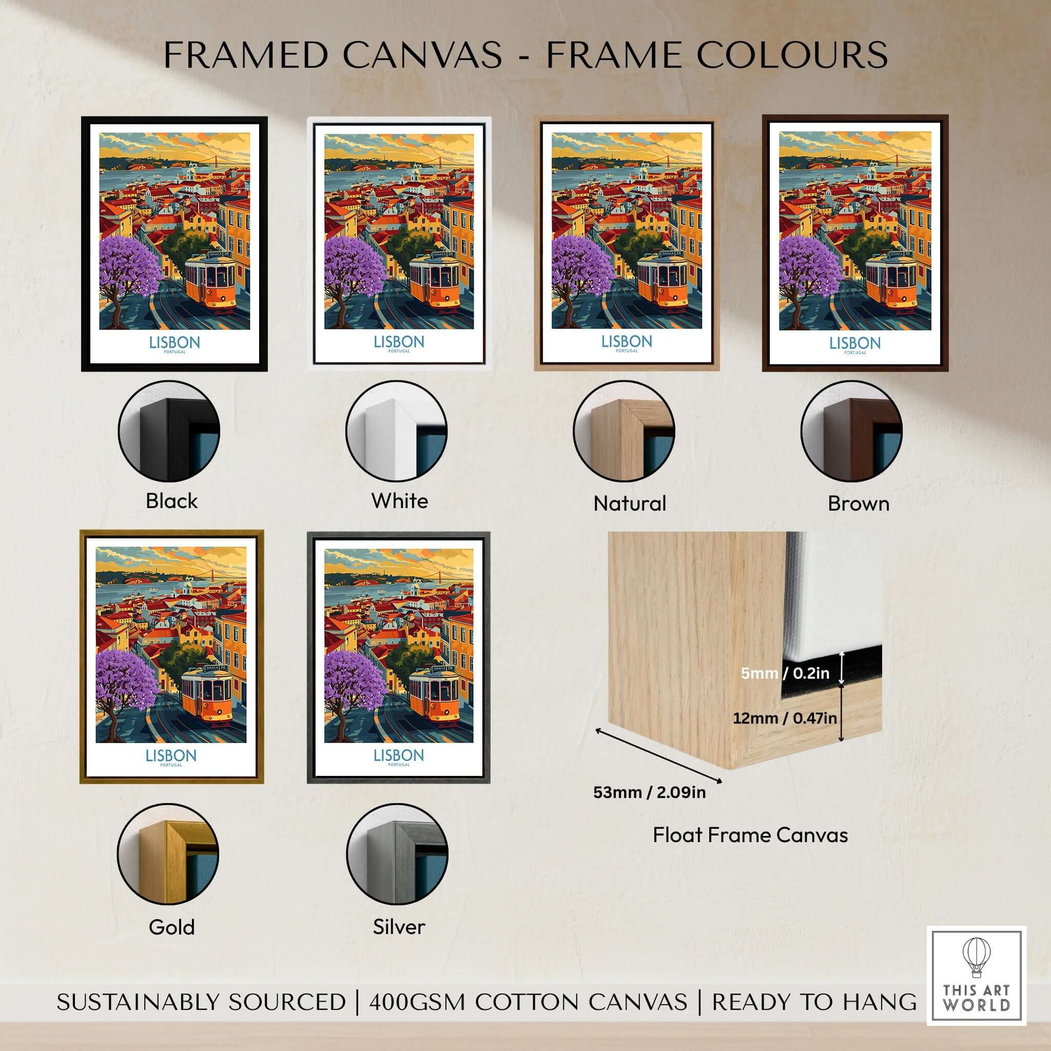 Lisbon Art Print framed canvas options showing various frame colors including black, white, natural, brown, gold, and silver.