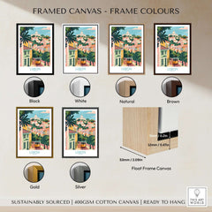 Lisbon Art Travel Print framed canvas options in multiple colors including black, white, natural, brown, gold, and silver.