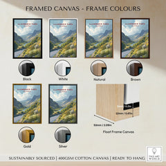 Llanberis Pass travel poster framed canvas in six frame colour options: black, white, natural, brown, gold, silver, with float frame detail.