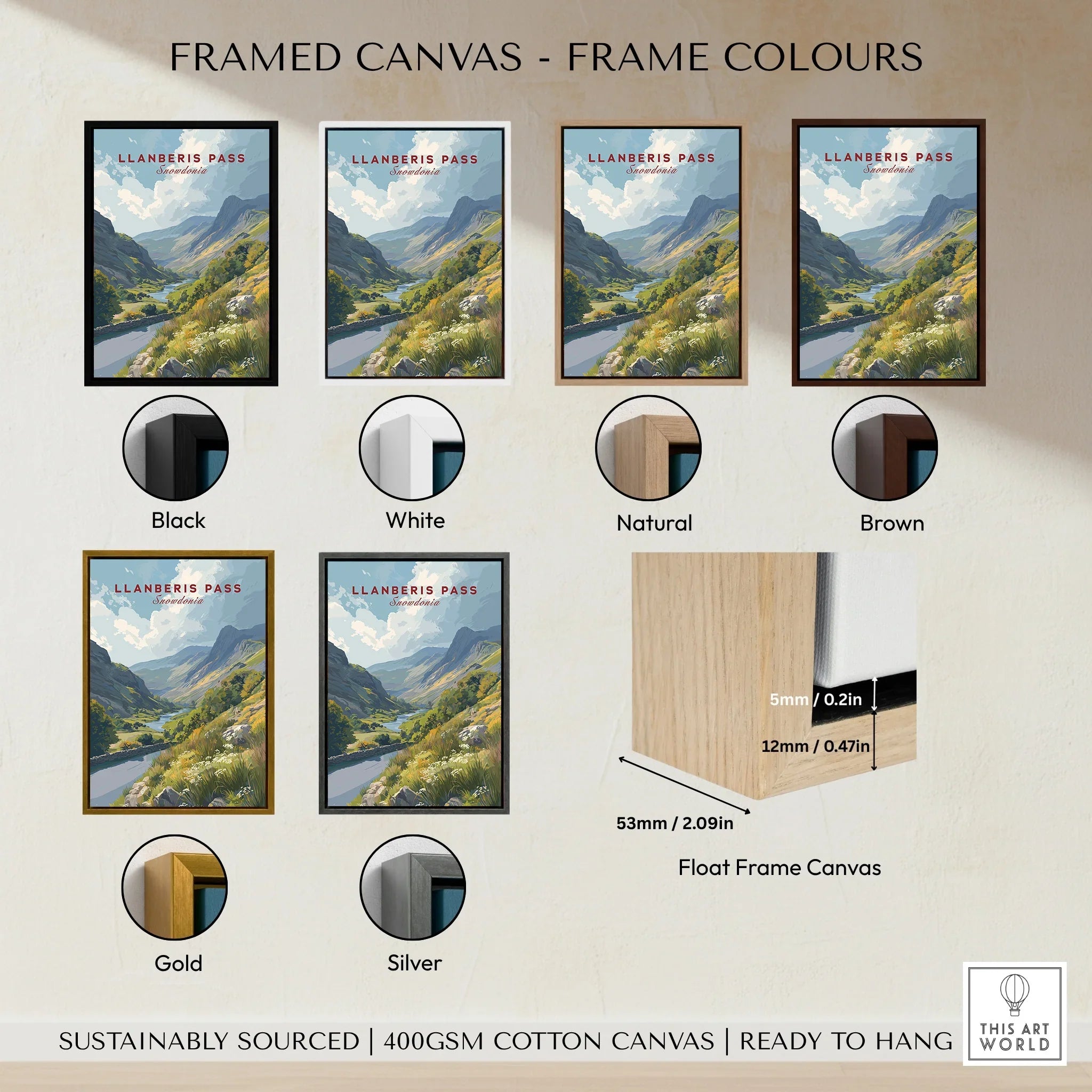 Llanberis Pass travel poster framed canvas in six frame colour options: black, white, natural, brown, gold, silver, with float frame detail.