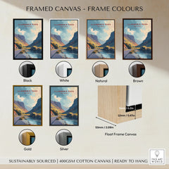 Llanberis Pass landscape art print with six frame color options: black, white, natural, brown, gold, and silver.