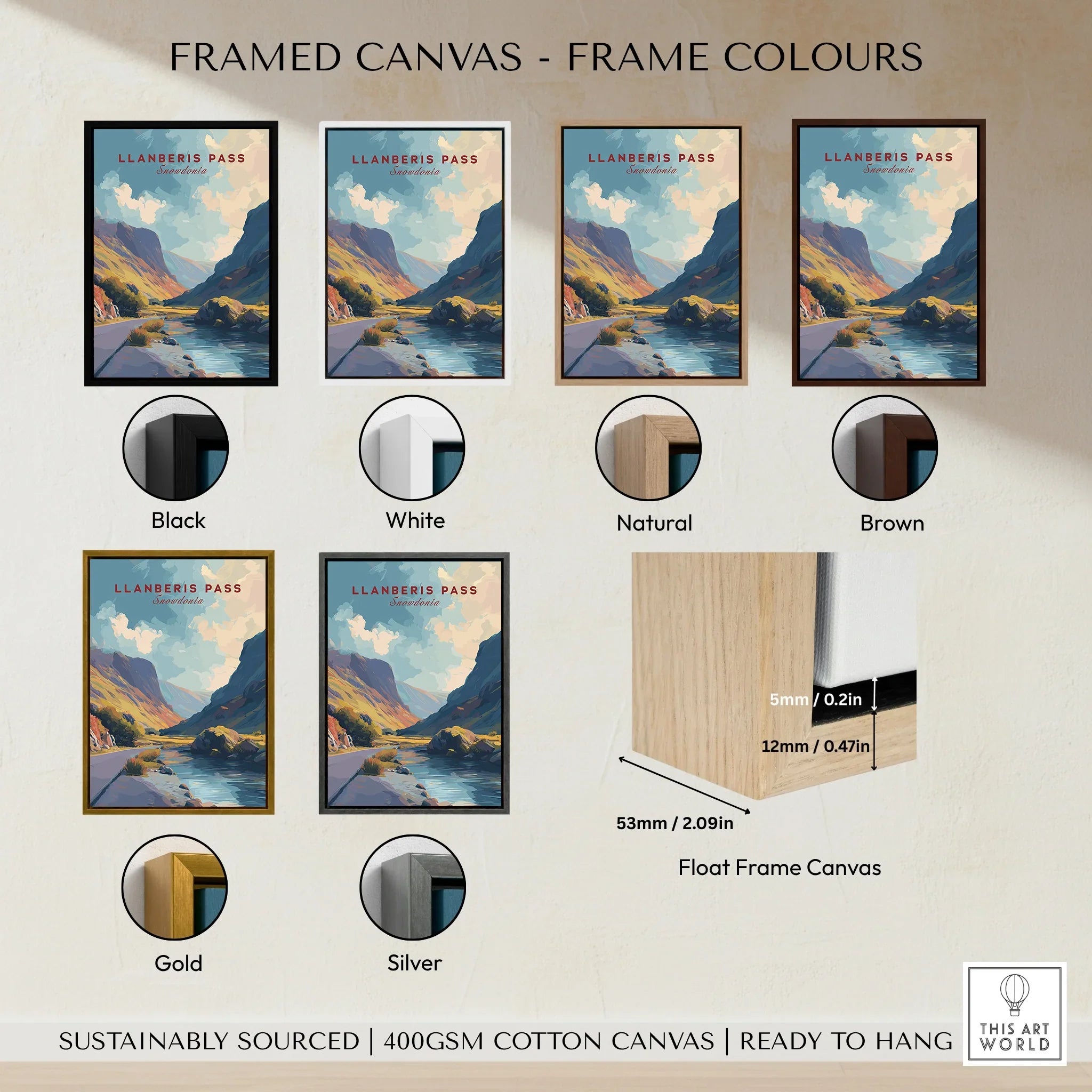 Llanberis Pass landscape art print with six frame color options: black, white, natural, brown, gold, and silver.