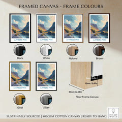 Llanberis Pass framed canvas wall art in six frame colors: black, white, natural, brown, gold, and silver, with float frame size details.