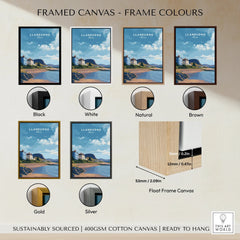 Llandudno coastal travel poster on canvas, shown in six frame colour options: black, white, natural, brown, gold, and silver, with close-up of float frame canvas construction.