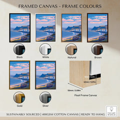 Framed canvas print of Llandudno coastline with six frame color options: black, white, natural, brown, gold, and silver.