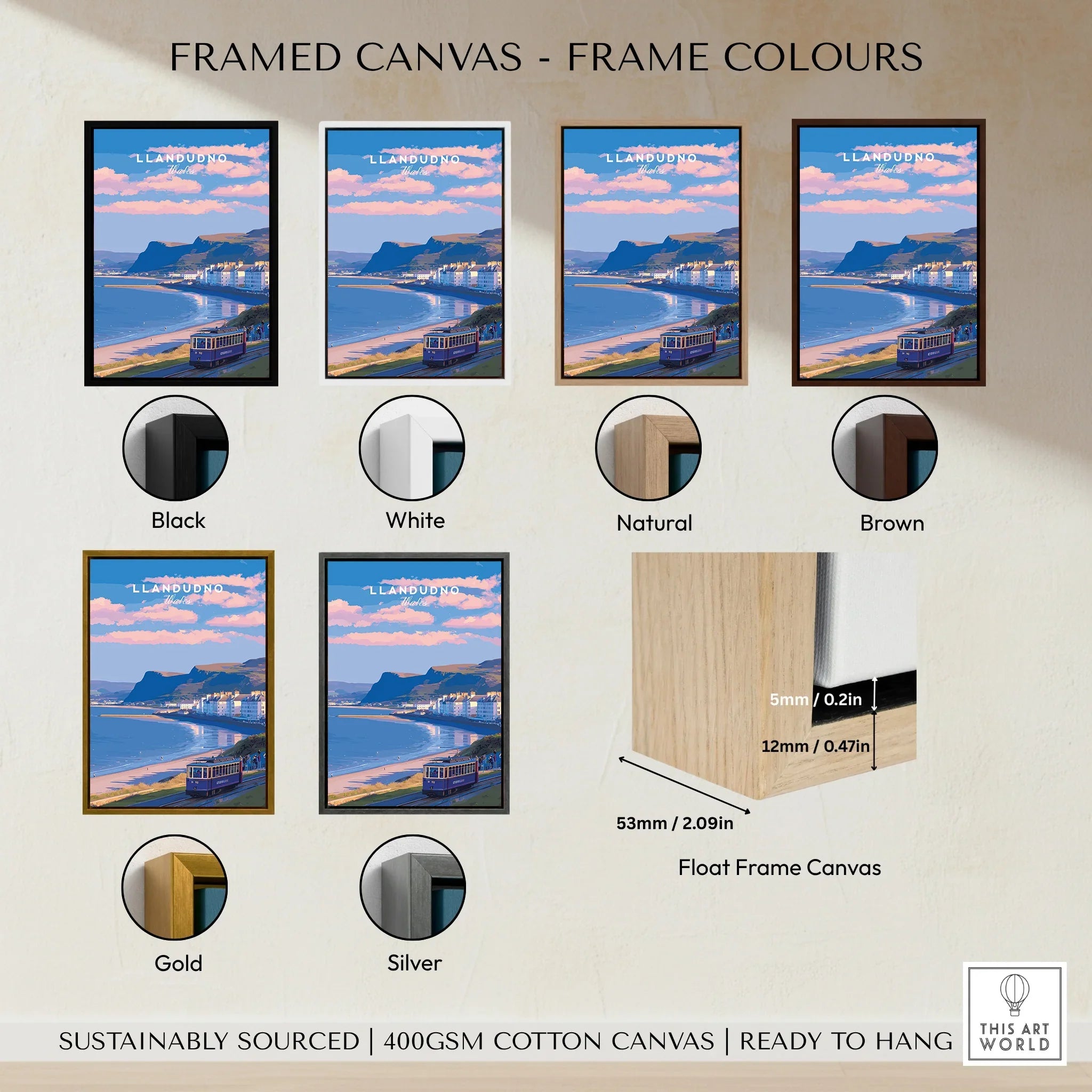 Framed canvas print of Llandudno coastline with six frame color options: black, white, natural, brown, gold, and silver.