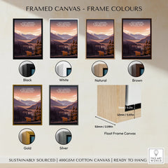 Framed canvas art of Loch Lomond in six frame colors: black, white, natural, brown, gold, silver.