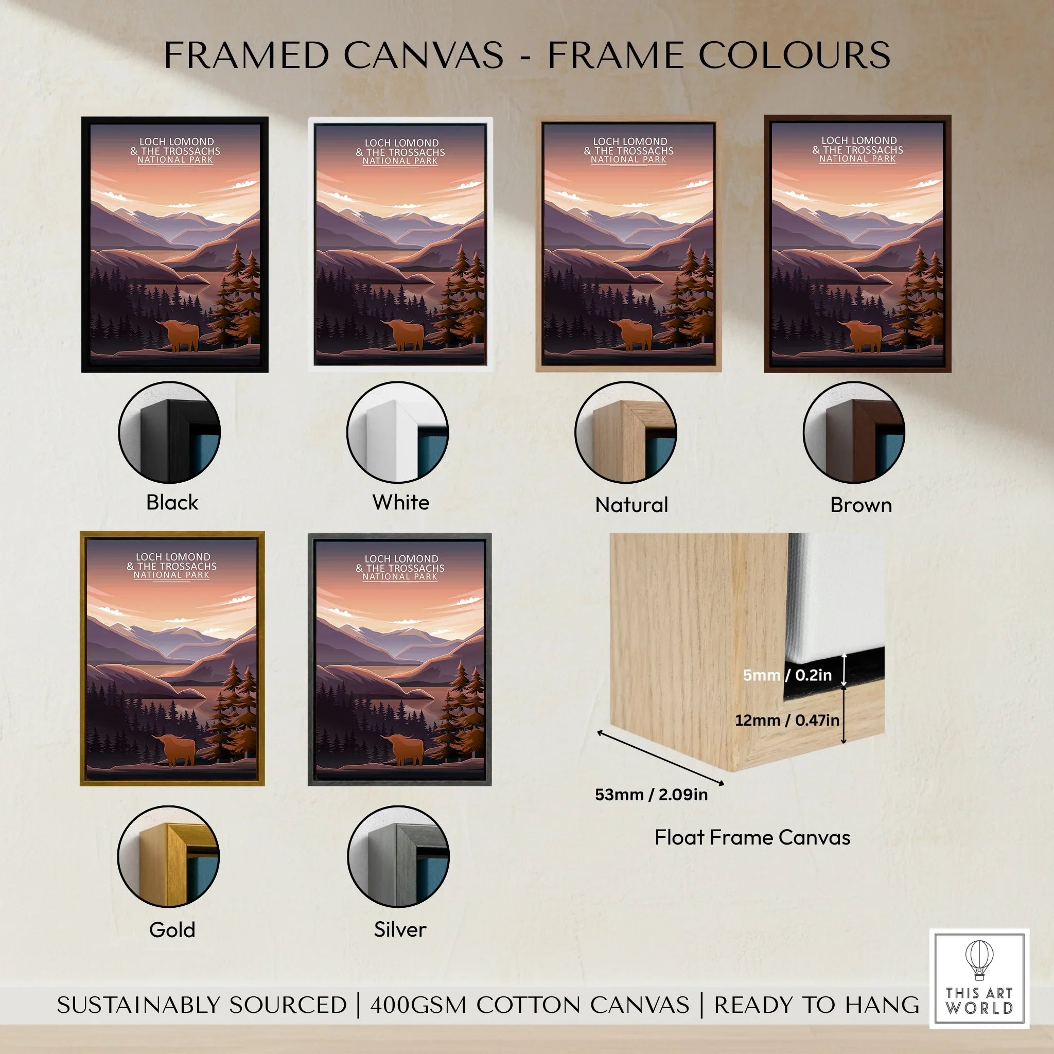 Framed canvas art of Loch Lomond in six frame colors: black, white, natural, brown, gold, silver.