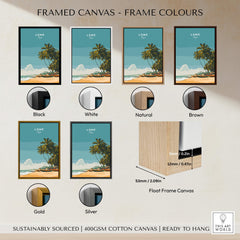 Lomé Togo Travel Posters | West African Beach & Palms Wall Art Print framed in various colors including black, white, natural, brown, gold, and silver.
