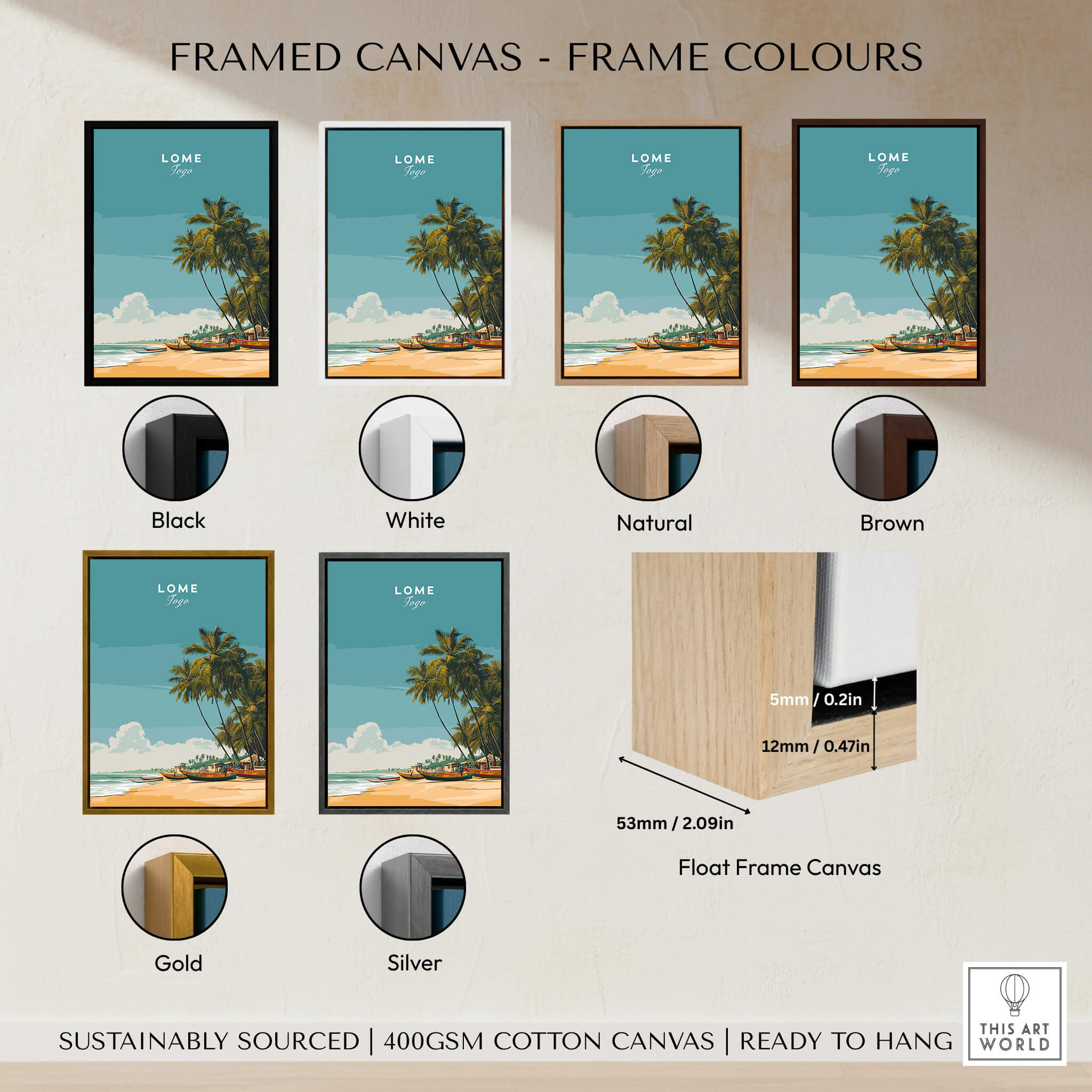 Lomé Togo Travel Posters | West African Beach & Palms Wall Art Print framed in various colors including black, white, natural, brown, gold, and silver.