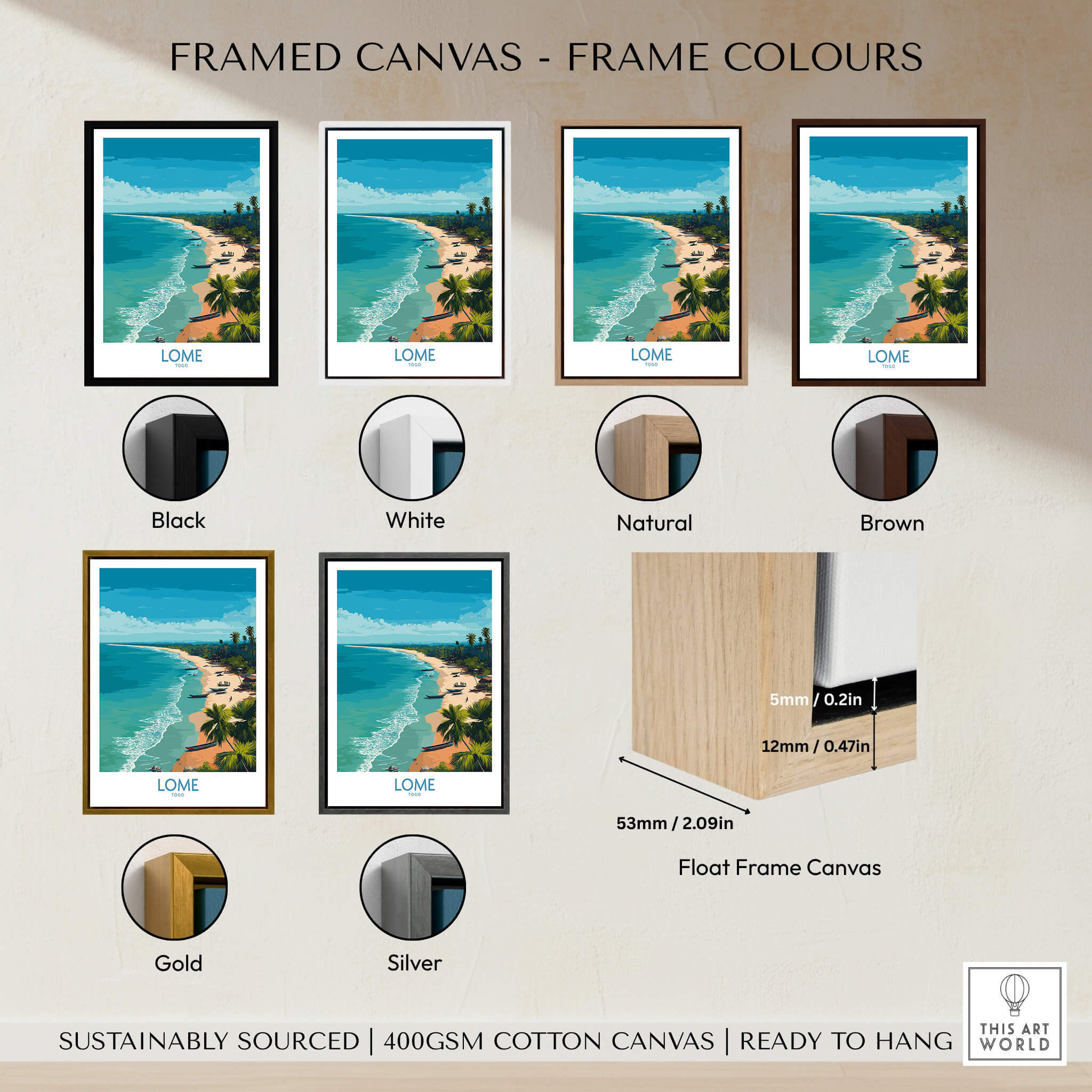 Framed canvas color options for the Lomé Togo Poster | West African Coastline Canvas Print featuring various frame styles.