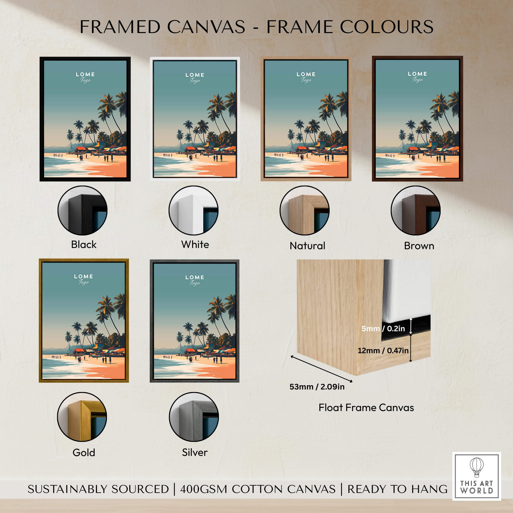 Lome Togo Poster Print Africa framed canvas options in various colors including black, white, natural, brown, gold, and silver.