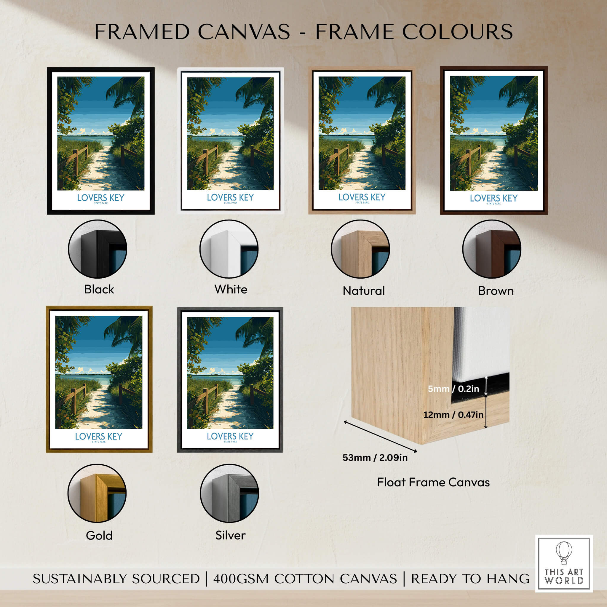 Framed Lovers Key Florida Poster options in various colors including Black, White, Natural, Brown, Gold, and Silver.