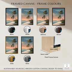 Lovers Key Travel Poster | Florida Sunset Palm Trees Wall Art Print framed in various colors on display.