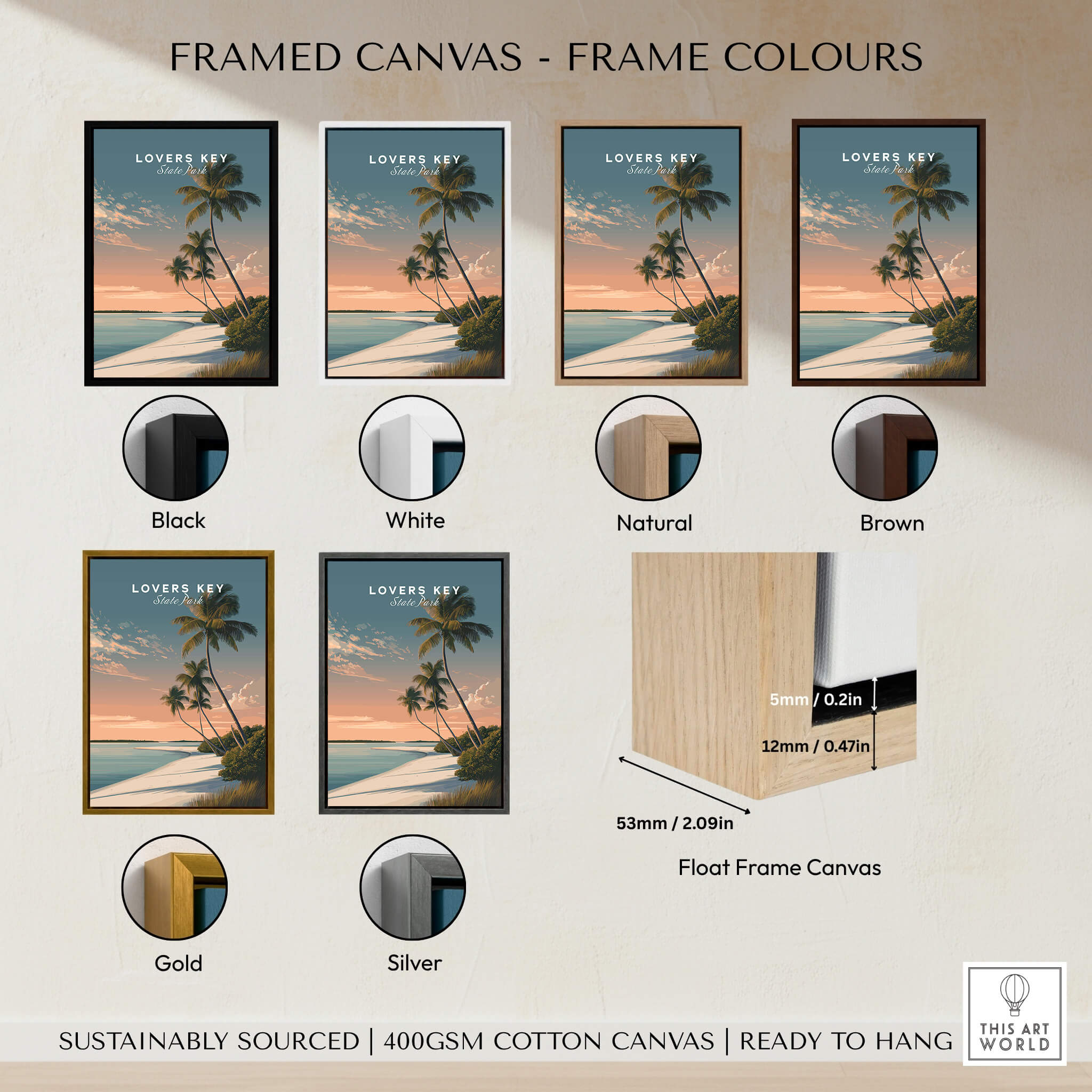 Lovers Key Travel Poster | Florida Sunset Palm Trees Wall Art Print framed in various colors on display.