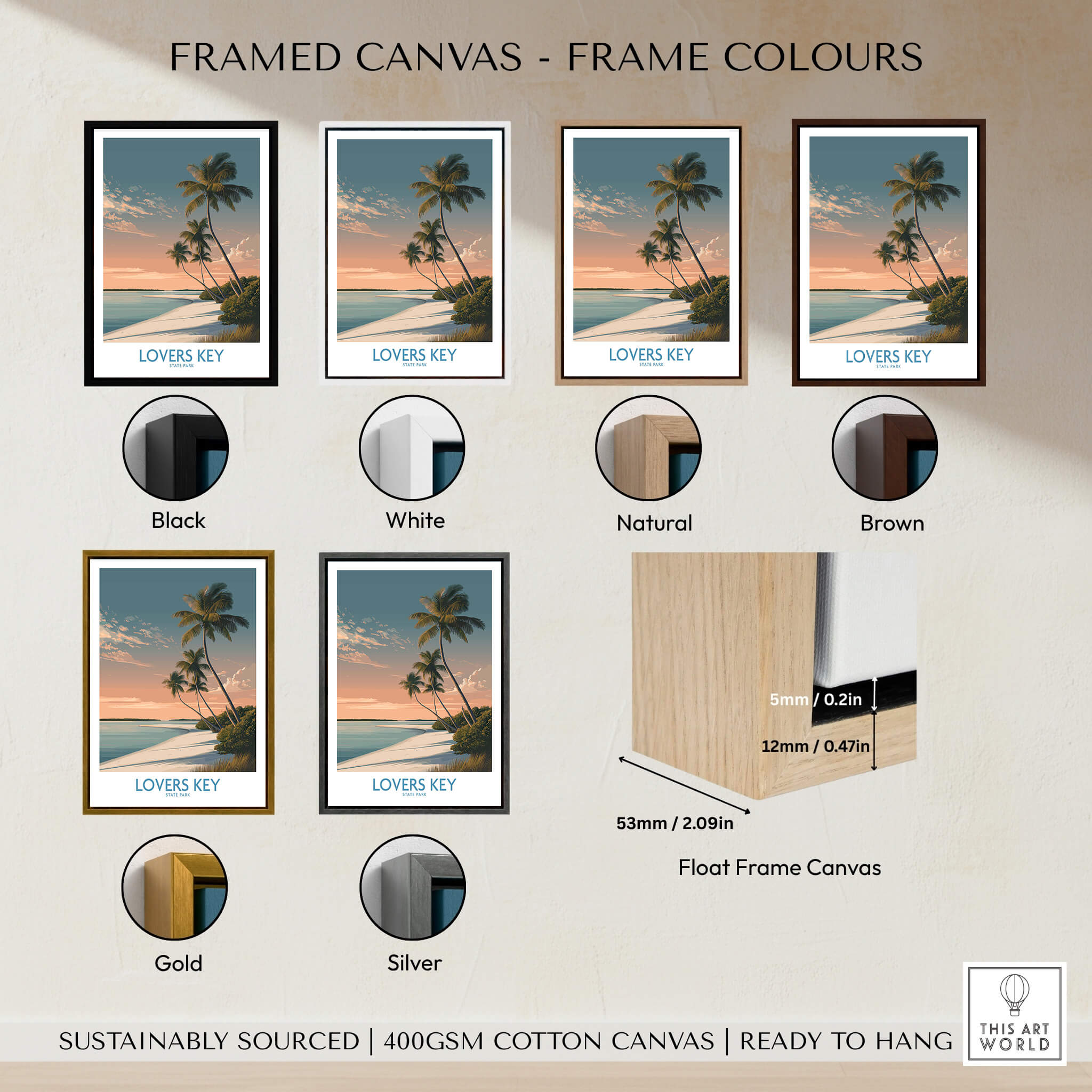 Lovers Key Canvas Print | Florida Gulf Coast Beach Poster framed in various colors including black, white, natural, brown, gold, and silver.