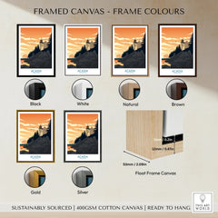 Acadia National Park framed wall art print shown in black, white, natural, brown, gold, and silver float frame options.