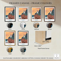Acadia travel poster framed canvas art with six frame color options and float frame detail.