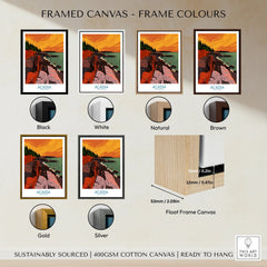 Acadia national park art print in six frame color options: black, white, natural, brown, gold, and silver, shown as framed wall art for home decor.