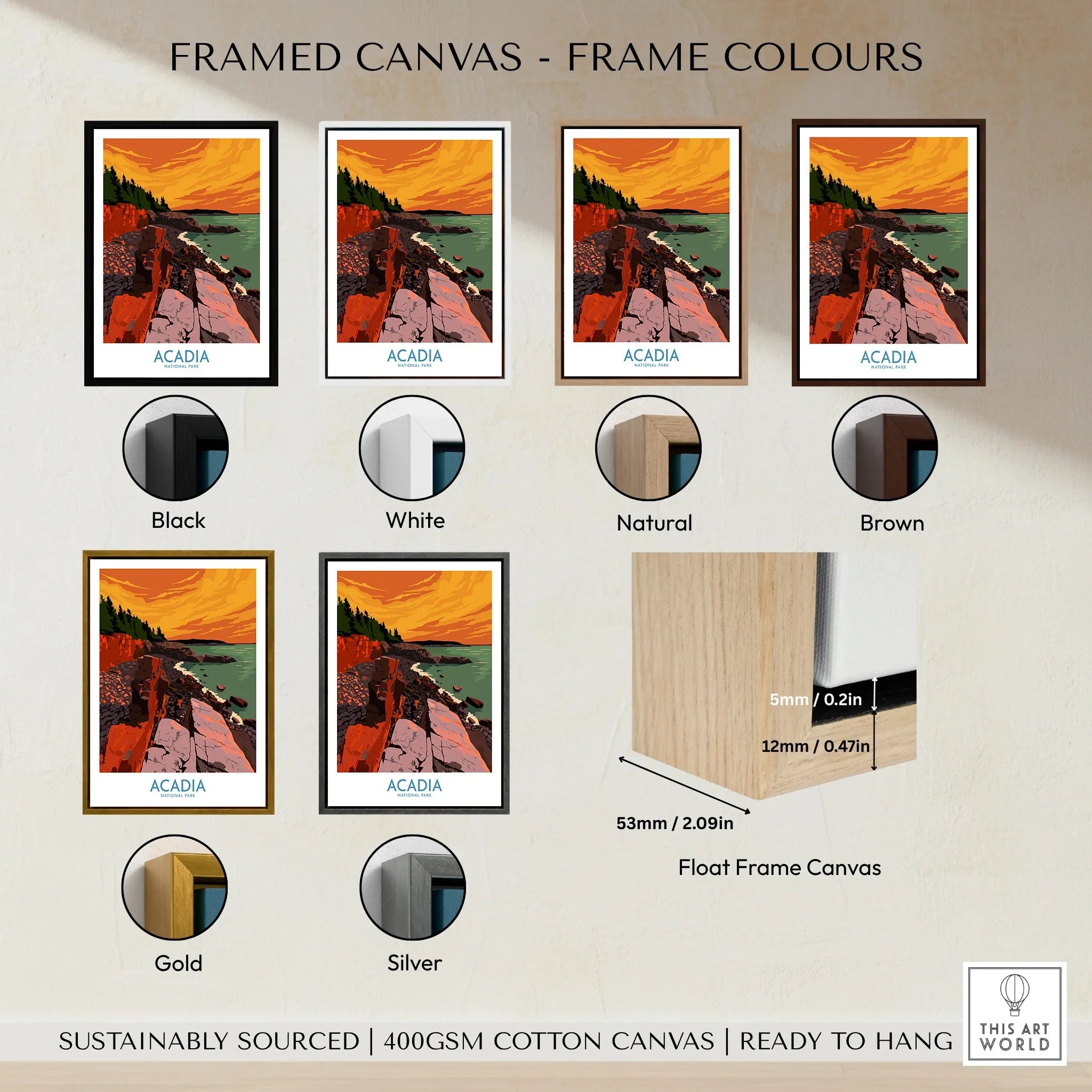 Acadia national park art print in six frame color options: black, white, natural, brown, gold, and silver, shown as framed wall art for home decor.