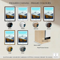 Aoraki Mount Cook framed canvas print with six frame color options and float frame details.
