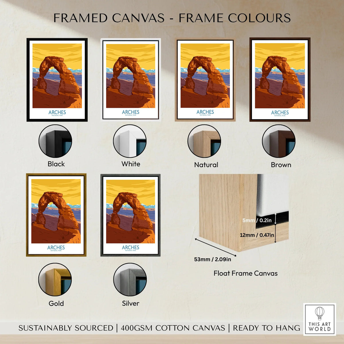 Arches National Park poster showing six frame color options for framed canvas wall art