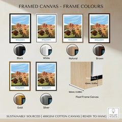 Badlands National Park wall art print with six frame color options: black, white, natural, brown, gold, and silver, plus float frame canvas detail.