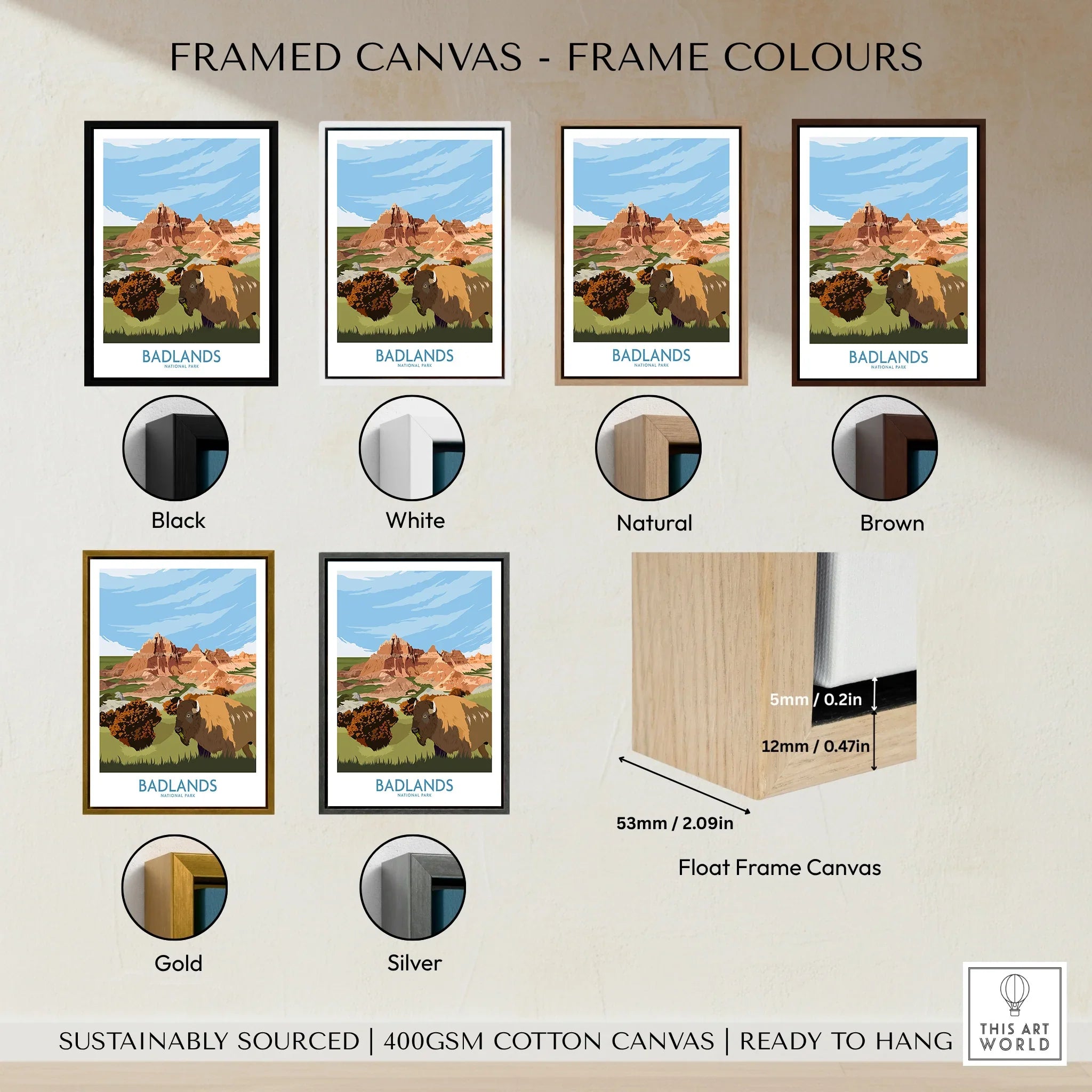 Badlands National Park wall art print with six frame color options: black, white, natural, brown, gold, and silver, plus float frame canvas detail.