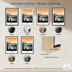 Banff National Park wall art print in framed canvas options: black, white, natural, brown, gold, silver float frames.