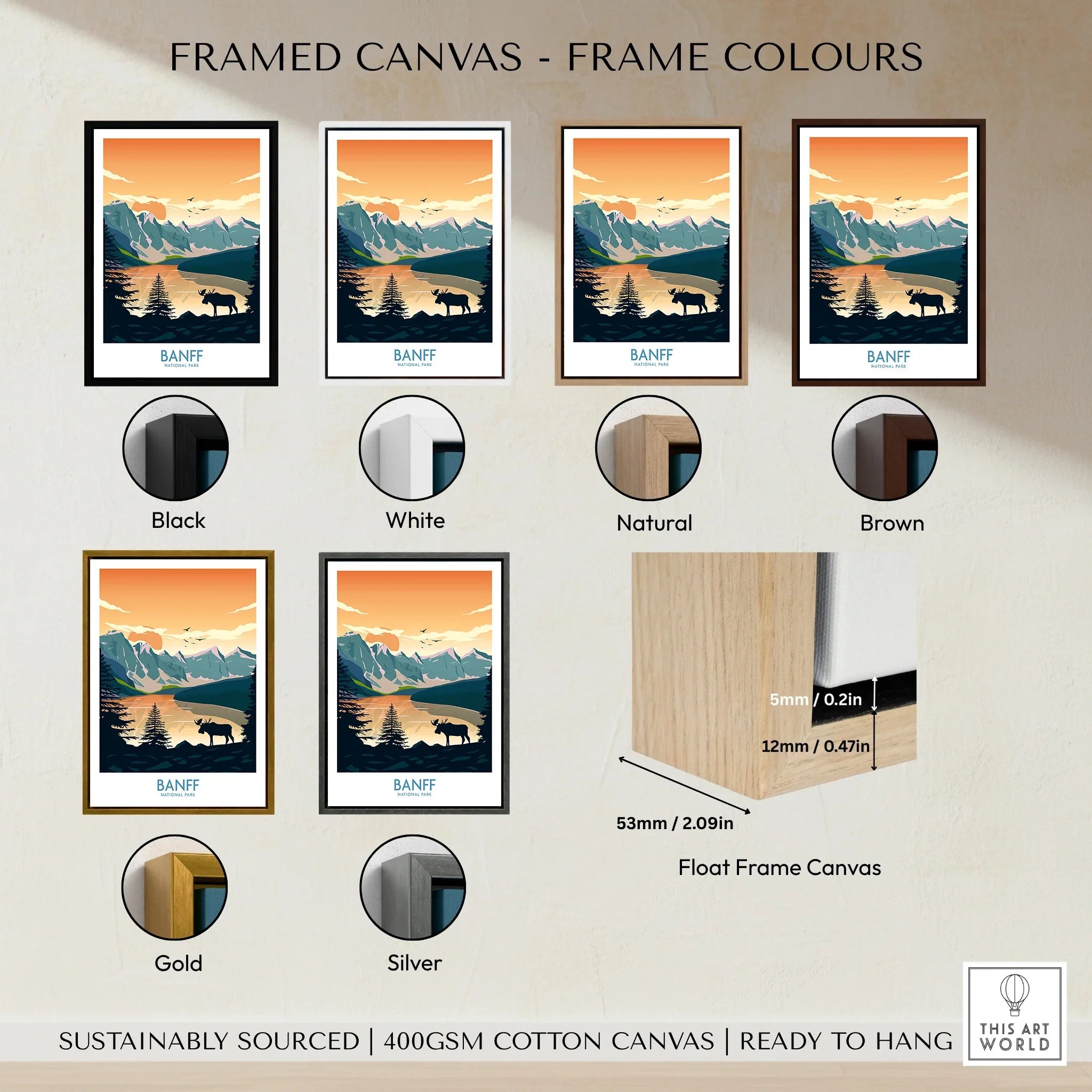 Banff National Park wall art print in framed canvas options: black, white, natural, brown, gold, silver float frames.