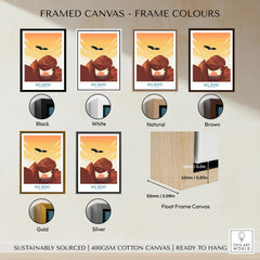 Big Bend National Park travel poster in six frame color options: black, white, natural, brown, gold, silver, with float frame canvas detail