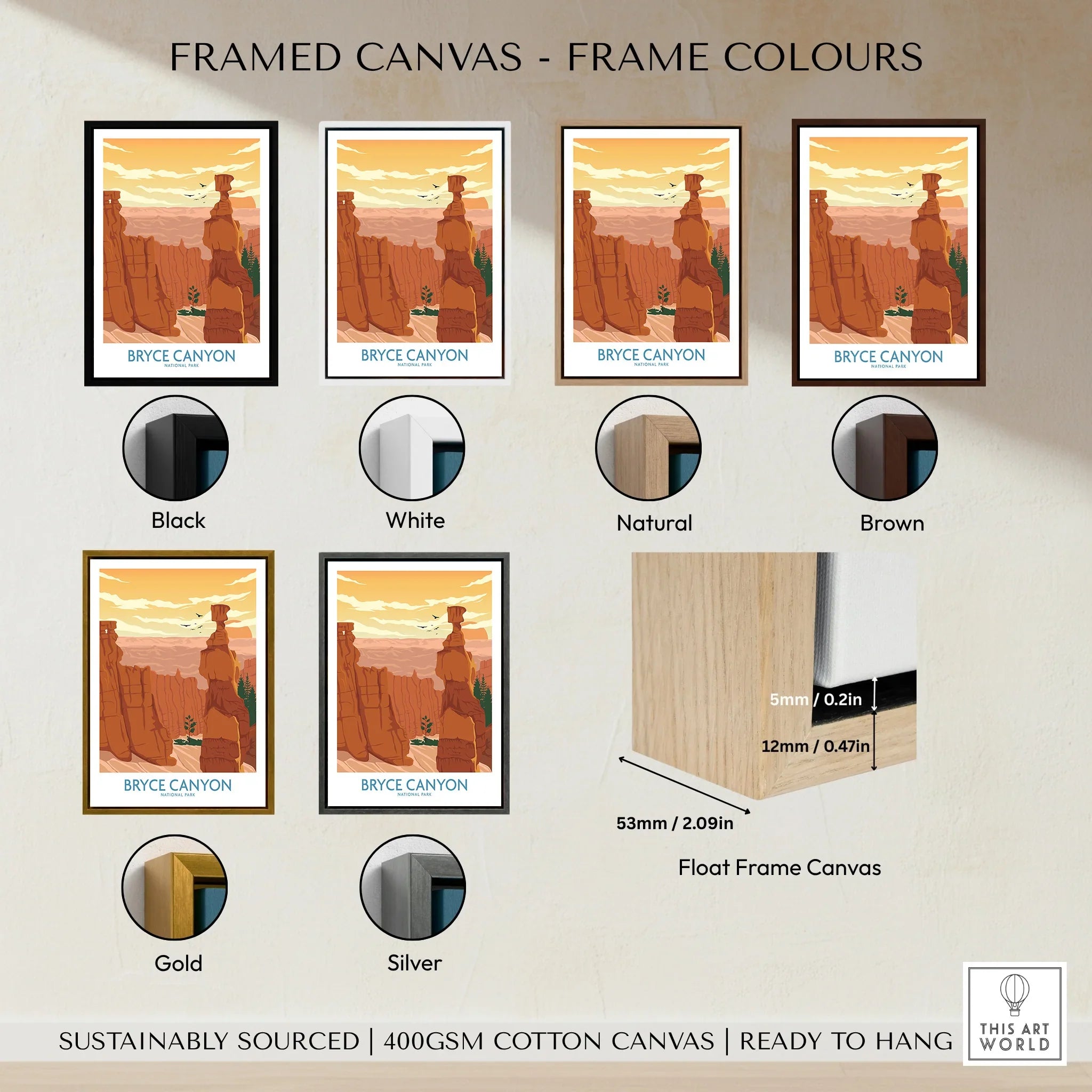 Bryce Canyon National Park print with six frame color options—black, white, natural, brown, gold, silver—displayed on canvas.