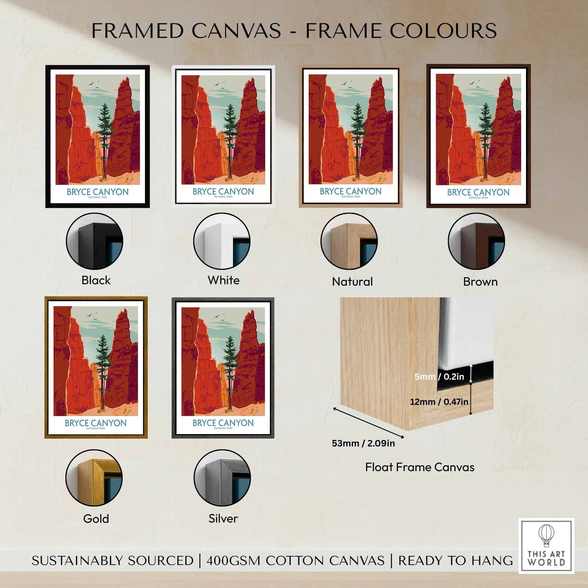 Bryce Canyon National Park print with float frame canvas in black, white, natural, brown, gold, and silver options.