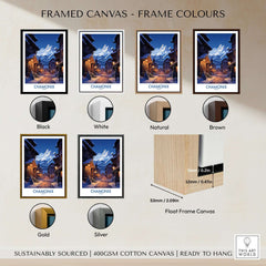 Chamonix Print framed canvas colour options including Black, White, Natural, Brown, Gold, and Silver.