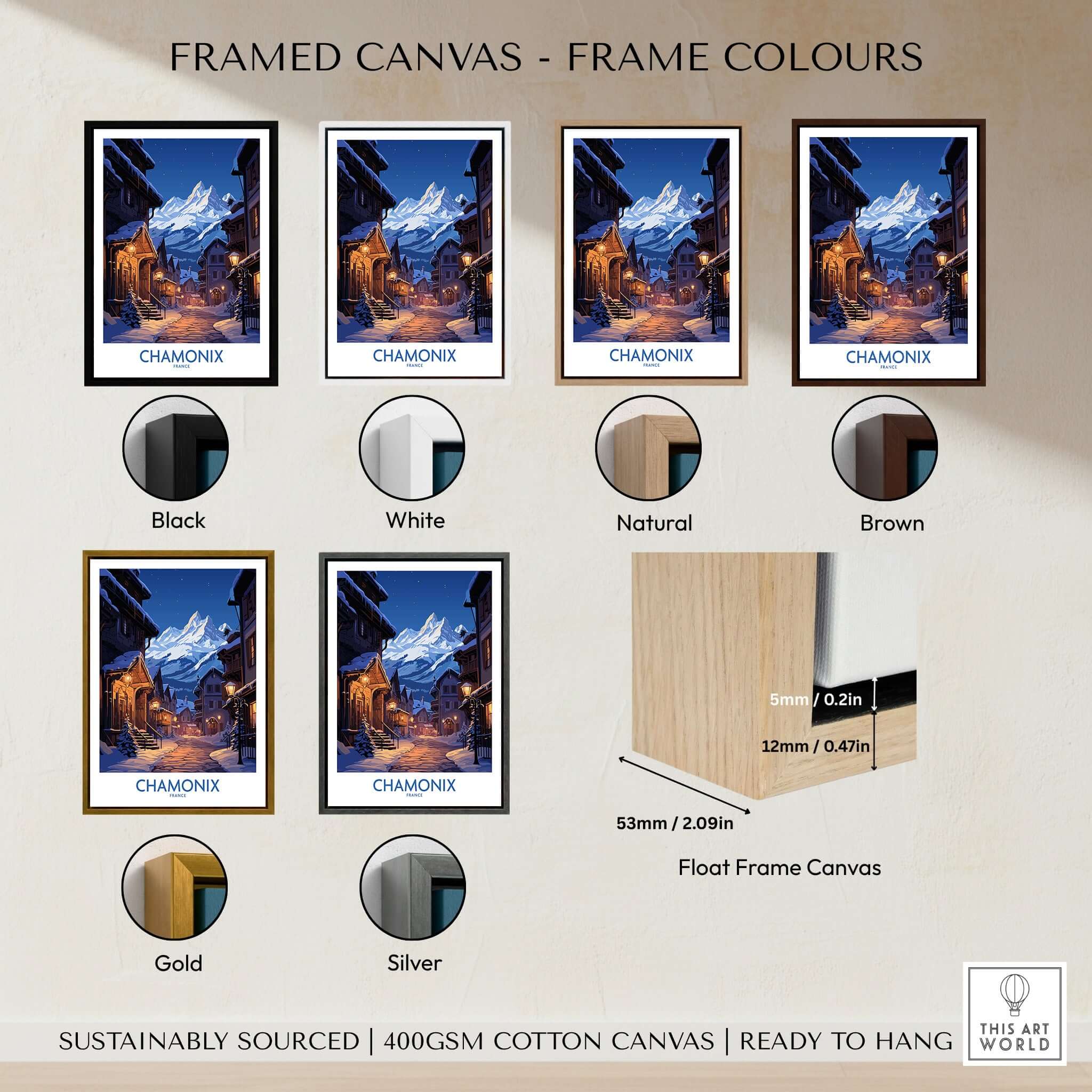 Chamonix Print framed canvas colour options including Black, White, Natural, Brown, Gold, and Silver.
