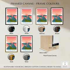 Channel Islands framed canvas wall art in six frame color options: black, white, natural, brown, gold, silver, with close-up of float frame style.