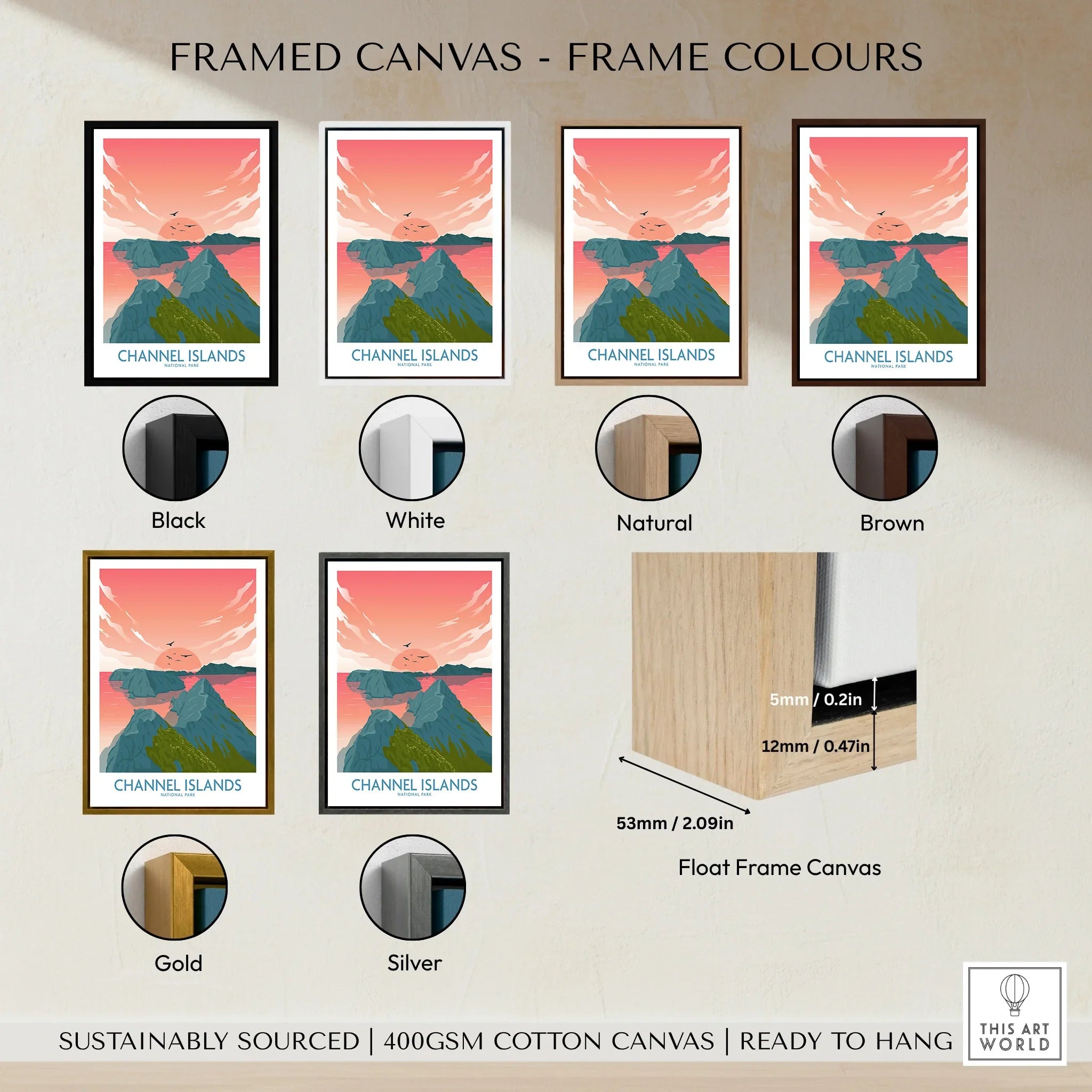 Channel Islands framed canvas wall art in six frame color options: black, white, natural, brown, gold, silver, with close-up of float frame style.
